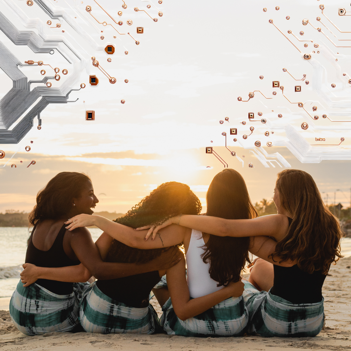 Four women sitting on a beach overlaid with a glowing network of connected nodes symbolizing how Agentic AI links human initiative with system intelligence.